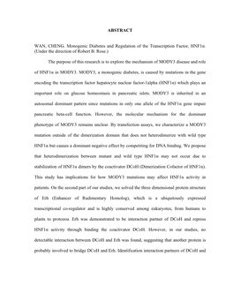 ABSTRACT WAN, CHENG. Monogenic Diabetes and Regulation Of