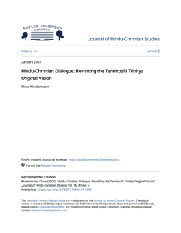 Hindu-Christian Dialogue: Revisiting the Tannirpalli Trinitys Original Vision