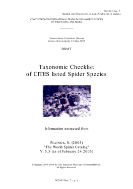 Taxonomic Checklist of CITES Listed Spider Species