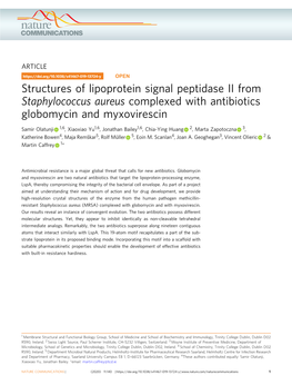 Structures of Lipoprotein Signal Peptidase II from Staphylococcus Aureus Complexed with Antibiotics Globomycin and Myxovirescin