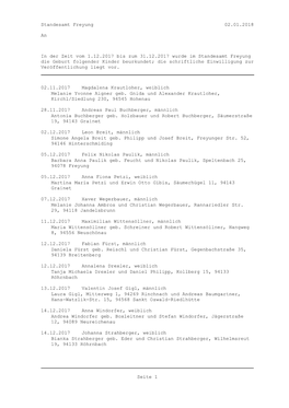 02.01.2018 Standesamt Freyung an in Der Zeit Vom 1.12.2017 Bis Zum