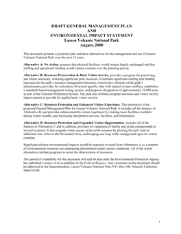 DRAFT GENERAL MANAGEMENT PLAN and ENVIRONMENTAL IMPACT STATEMENT Lassen Volcanic National Park August, 2000