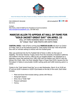 Marcus Allen to Appear at Hall of Fame for “Gold Jacket Great Day” on April 22 Hall of Fame Running Back to Participate in “Chalk Talk” and Photo Ops with Fans