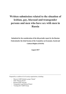 Written Submission Related to the Situation of Lesbian, Gay, Bisexual and Transgender Persons and Men Who Have Sex with Men in Russia