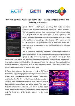 RCTI+ Holds Online Audition on HOT+ Feature for X Factor Indonesia Which Will Air on RCTI TV Station