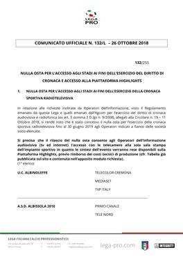 Comunicato Ufficiale N. 132/L – 26 Ottobre 2018