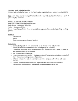 The Color of Air Pollution! Activity Written by Erin Mcduffie, Based on the ‘Whirling Swirling Air Pollution’ Activity from the US EPA