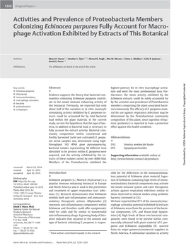 Activities and Prevalence of Proteobacteria Members Colonizing Echinacea Purpurea Fully Account for Macro- Phage Activation Exhibited by Extracts of This Botanical