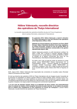 Hélène Valenzuela, Nouvelle Directrice Des Opérations De Thalys International