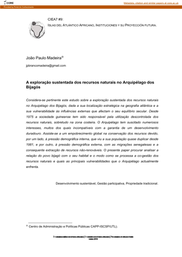 João Paulo Madeira a Exploração Sustentada Dos Recursos Naturais No Arquipélago Dos Bijagós