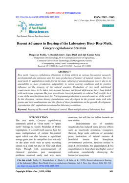 Recent Advances in Rearing of the Laboratory Host-Rice Moth, Corcyra Cephalonica Stainton