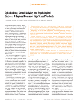 Cyberbullying, School Bullying, and Psychological Distress: a Regional Census of High School Students