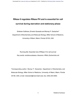 Rnase II Regulates Rnase PH and Is Essential for Cell Survival During Starvation and Stationary Phase