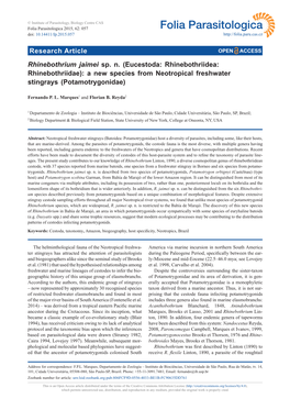 Eucestoda: Rhinebothriidea: Rhinebothriidae): a New Species from Neotropical Freshwater Stingrays (Potamotrygonidae