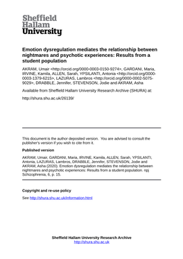 Emotion Dysregulation Mediates the Relationship Between Nightmares and Psychotic Experiences: Results from a Student Population