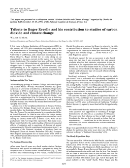Tribute to Roger Revelle and His Contribution to Studies of Carbon Dioxide and Climate Change