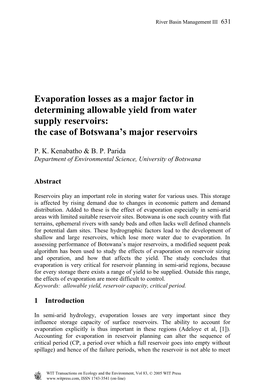 Evaporation Losses As a Major Factor in Determining Allowable Yield from Water Supply Reservoirs: the Case of Botswana’S Major Reservoirs
