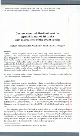 Conservation and Distribution of the Agamid Lizards of Sri Lanka with Illustrations of the Extant Species