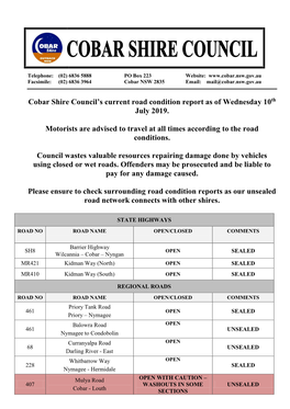 Cobar Shire Council's Current Road Condition Report As of Wednesday