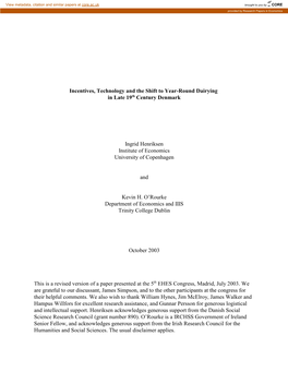 Incentives, Technology and the Shift to Year-Round Dairying in Late 19Th Century Denmark