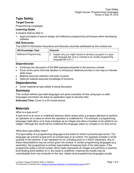 Type Safety Target Course: Programming Languages Version 2 Sept 16, 2018 Type Safety Target Course Programming Languages Learning Goals a Student Shall Be Able To: 1