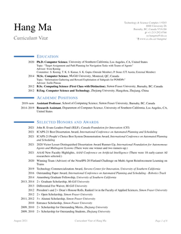 Hang Ma Burnaby, BC, Canada V5A1S6 H +1-213-292-0766 B Hangma@Sfu.Ca Curriculum Vitæ Í