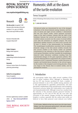 Homeotic Shift at the Dawn of the Turtle Evolution Rsos.Royalsocietypublishing.Org Tomasz Szczygielski