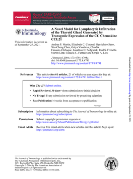 CCL21 Transgenic Expression of the CC Chemokine of the Thyroid Gland Generated by a Novel Model for Lymphocytic Infiltration