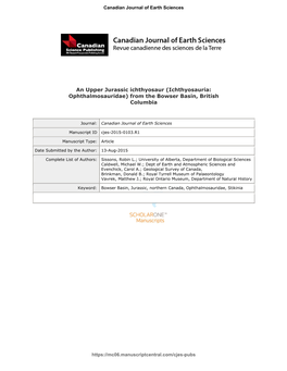 An Upper Jurassic Ichthyosaur (Ichthyosauria: Ophthalmosauridae) from the Bowser Basin, British Columbia