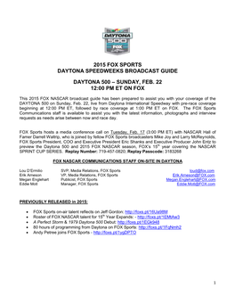 2015 Fox Sports Daytona Speedweeks Broadcast Guide