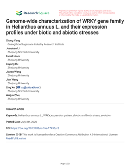 Genome-Wide Characterization of WRKY Gene Family in Helianthus Annuus L