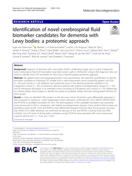Identification of Novel Cerebrospinal Fluid Biomarker Candidates for Dementia with Lewy Bodies: a Proteomic Approach Inger Van Steenoven1*† , Marleen J