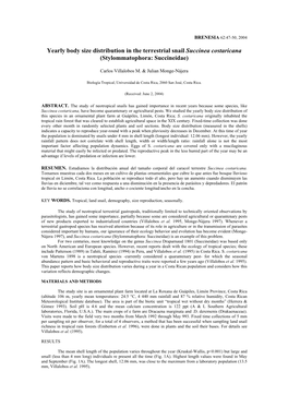 Yearly Body Size Distribution in the Terrestrial Snail Succinea Costaricana (Stylommatophora: Succineidae)