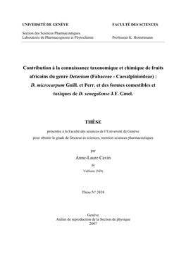 Contribution À La Connaissance Taxonomique Et Chimique De Fruits Africains Du Genre Detarium (Fabaceae - Caesalpinioideae) : D