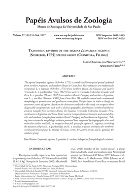 Taxonomic Revision of the Tigrina Leopardus Tigrinus (Schreber, 1775) Species Group (Carnivora, Felidae)