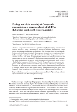 Ecology and Niche Assembly of Campanula Tommasiniana, a Narrow Endemic of Mt U~Ka (Liburnian Karst, North-Western Adriatic)