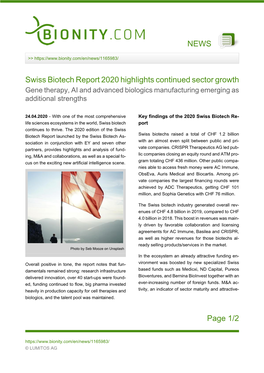 NEWS Page 1/2 Swiss Biotech Report 2020 Highlights Continued