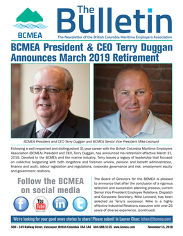 BCMEA President & CEO Terry Duggan Announces March 2019