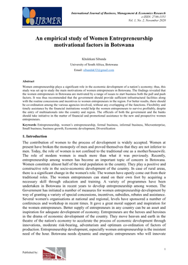 An Empirical Study of Women Entrepreneurship Motivational Factors in Botswana