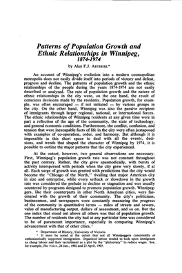 Patterns of Population Growth and Ethnic Relationships in Winnipeg, 1874-1974 by Alan F .J
