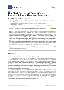 Heat Shock Proteins and Ovarian Cancer: Important Roles and Therapeutic Opportunities