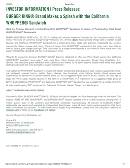 Press Releases BURGER KING® Brand Makes a Splash with the California WHOPPER® Sandwich