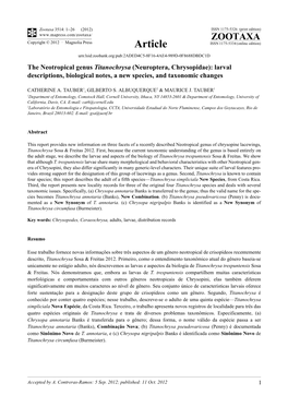 The Neotropical Genus Titanochrysa (Neuroptera, Chrysopidae): Larval Descriptions, Biological Notes, a New Species, and Taxonomic Changes