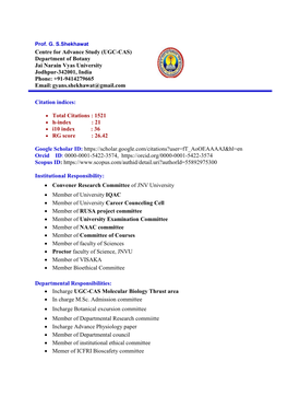 (UGC-CAS) Department of Botany Jai Narain Vyas University Jodhpur-342001, India Phone: +91-9414279665 Email: Gyans.Shekhawat@Gmail.Com