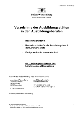 Verzeichnis Der Ausbildungsstätten in Den Ausbildungsberufen