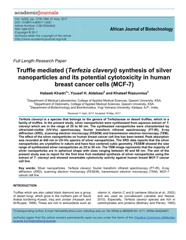 Terfezia Claveryi) Synthesis of Silver Nanoparticles and Its Potential Cytotoxicity in Human Breast Cancer Cells (MCF-7)