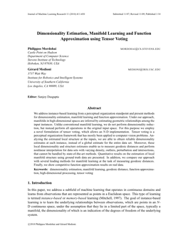 Dimensionality Estimation, Manifold Learning and Function Approximation Using Tensor Voting