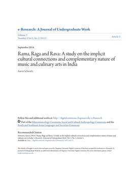 Rama, Raga and Rava: a Study on the Implicit Cultural Connections and Complementary Nature of Music and Culinary Arts in India Aaron Schwartz