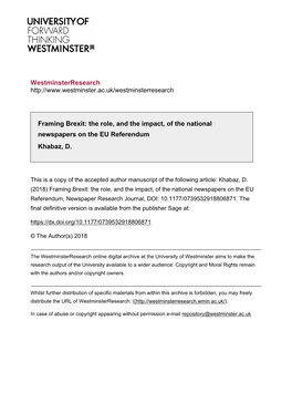 Framing Brexit: the Role, and the Impact, of the National Newspapers on the EU Referendum Khabaz, D