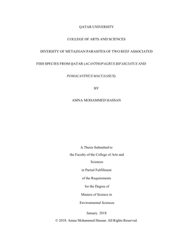 Qatar University College of Arts and Sciences Diversity of Metazoan Parasites of Two Reef Associated Fish Species from Qatar